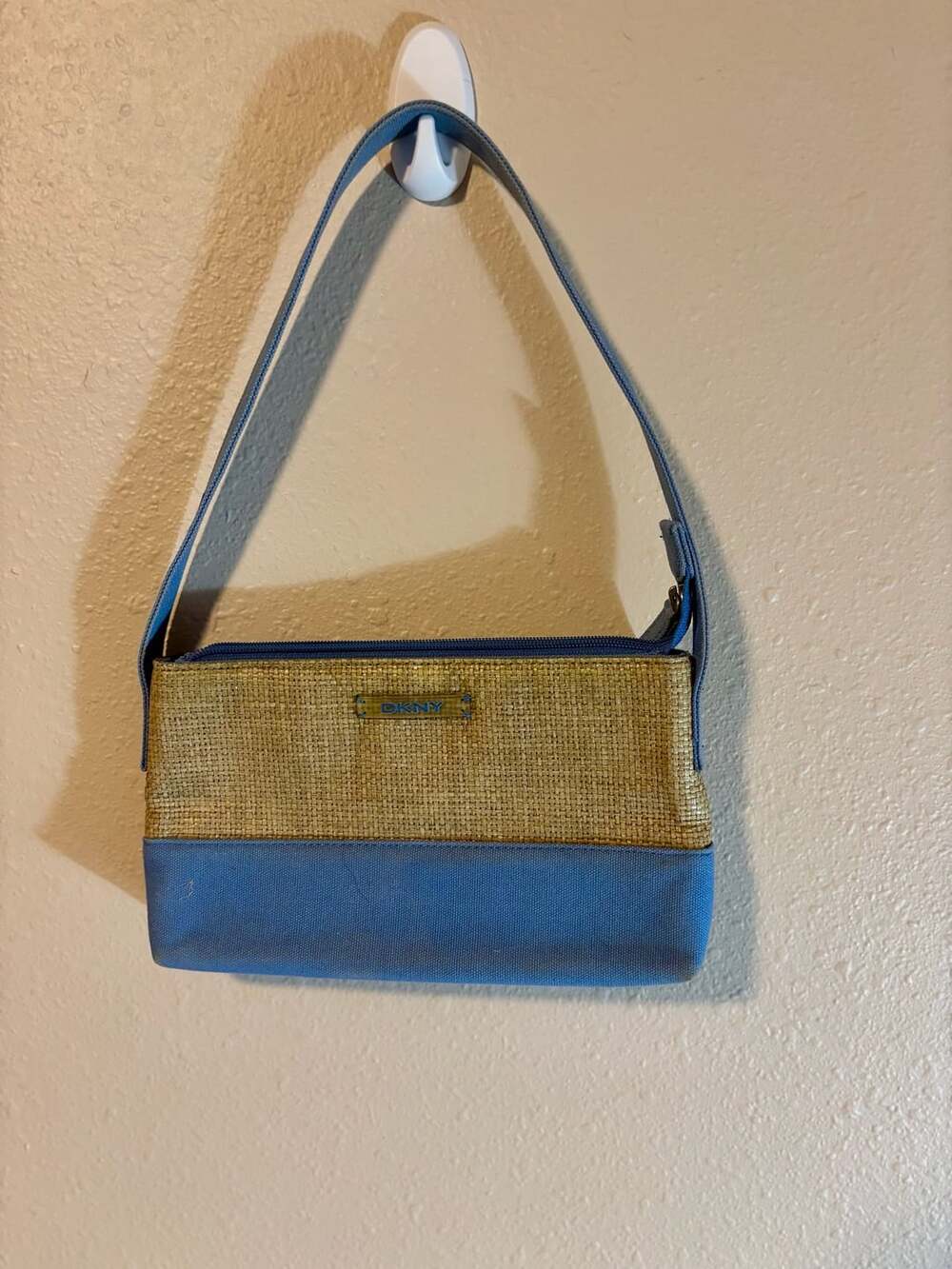 DKNY Straw and Blue Canvas Shoulder Bag Handbag